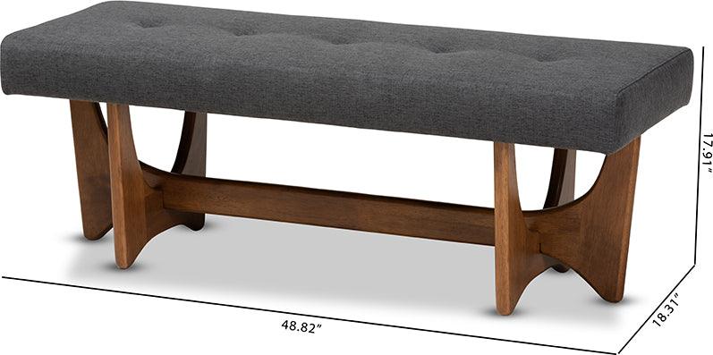 Wholesale Interiors Benches - Theo Mid-Century Modern Dark Grey Fabric Upholstered Walnut Finished Bench