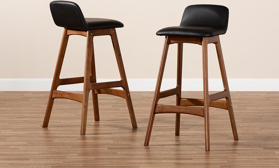 Wholesale Interiors Barstools - Darrin Black Faux Leather Upholstered and Walnut Brown Finished Wood 2-Piece Bar Stool Set