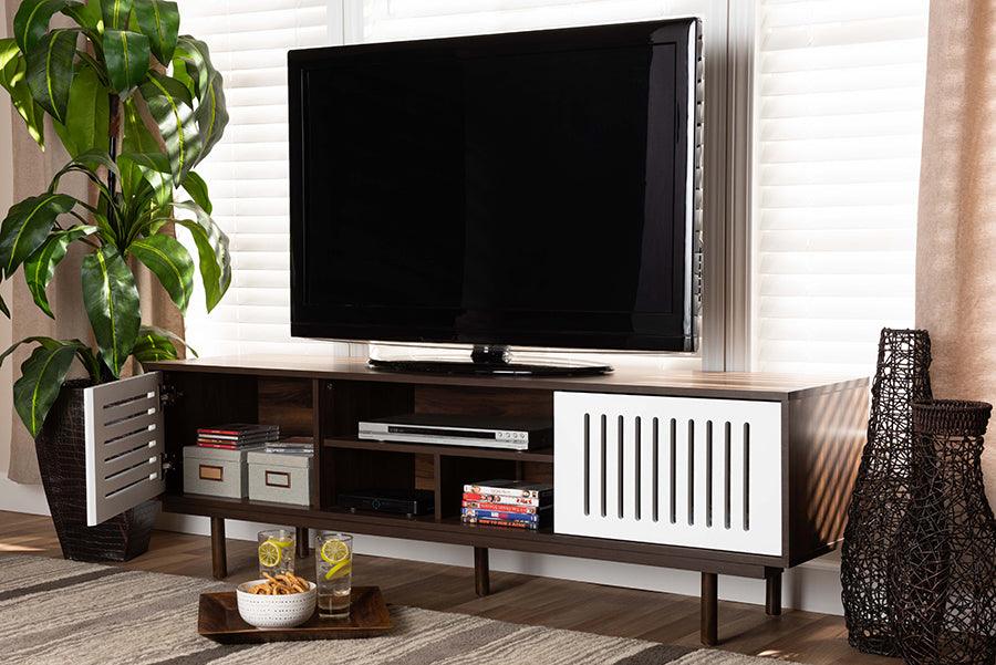 Wholesale Interiors TV & Media Units - Meike Mid-Century Modern Two-Tone Walnut Brown and White Finished Wood TV Stand Walnut & White