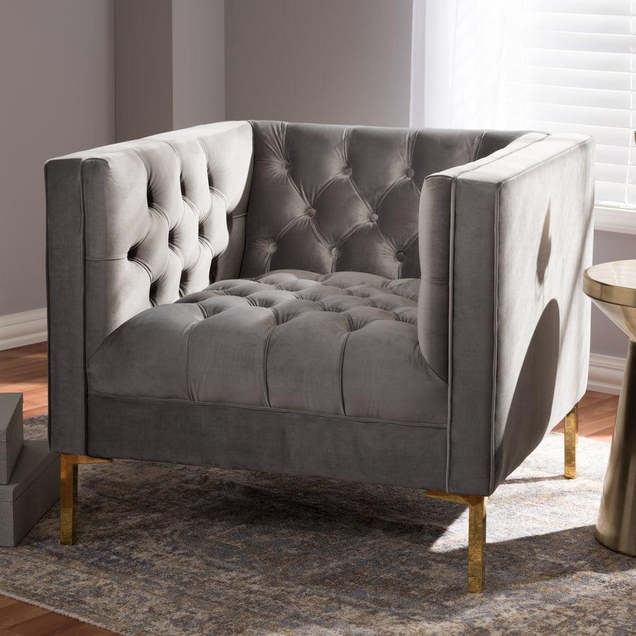 Wholesale Interiors Accent Chairs - Zanetta Luxe and Glamour Grey Velvet Upholstered Gold Finished Lounge Chair