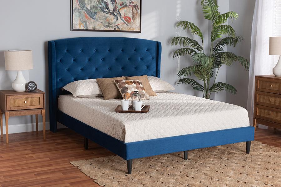 Wholesale Interiors Beds - Joanna Navy Blue Velvet Fabric Upholstered and Dark Brown Finished Wood King Size Platform Bed