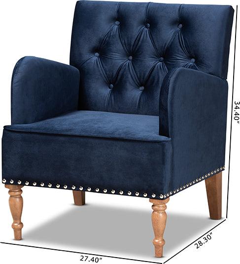 Wholesale Interiors Accent Chairs - Eri Contemporary Glam and Luxe Blue Velvet and Walnut Brown Wood Armchair