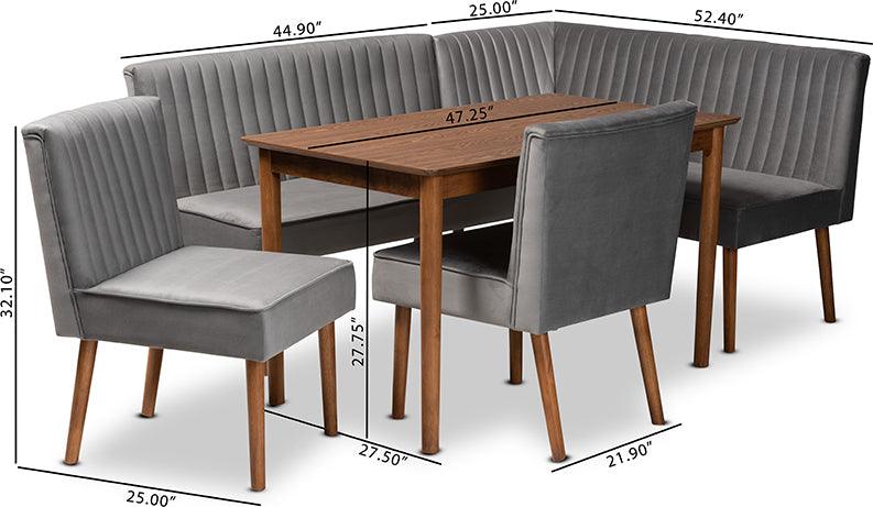Wholesale Interiors Dining Sets - Alvis Mid-Century Grey Velvet Upholstered and Walnut Brown Finished Wood 5-Piece Dining Nook Set