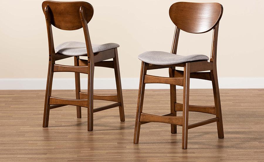 Wholesale Interiors Barstools - Katya Mid-Century Modern Grey Fabric and Brown Wood 2-Piece Counter Stool Set