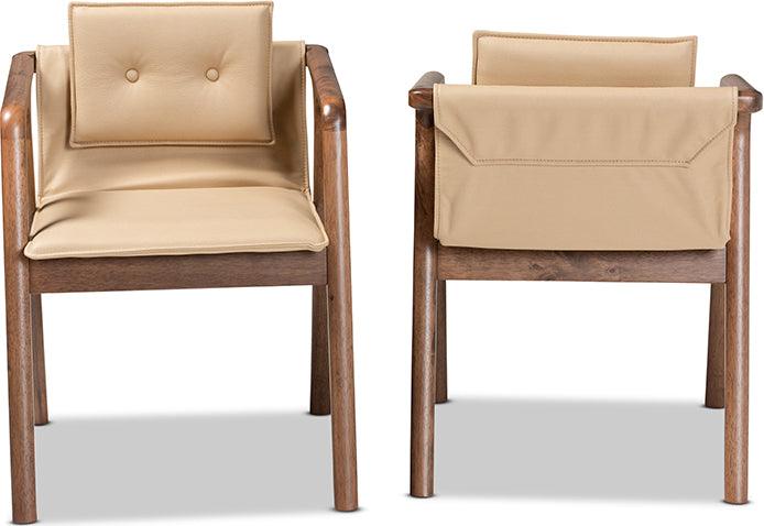 Wholesale Interiors Dining Chairs - Marcena Mid-Century Modern Beige Leather and Brown Wood 2-Piece Dining Chair Set