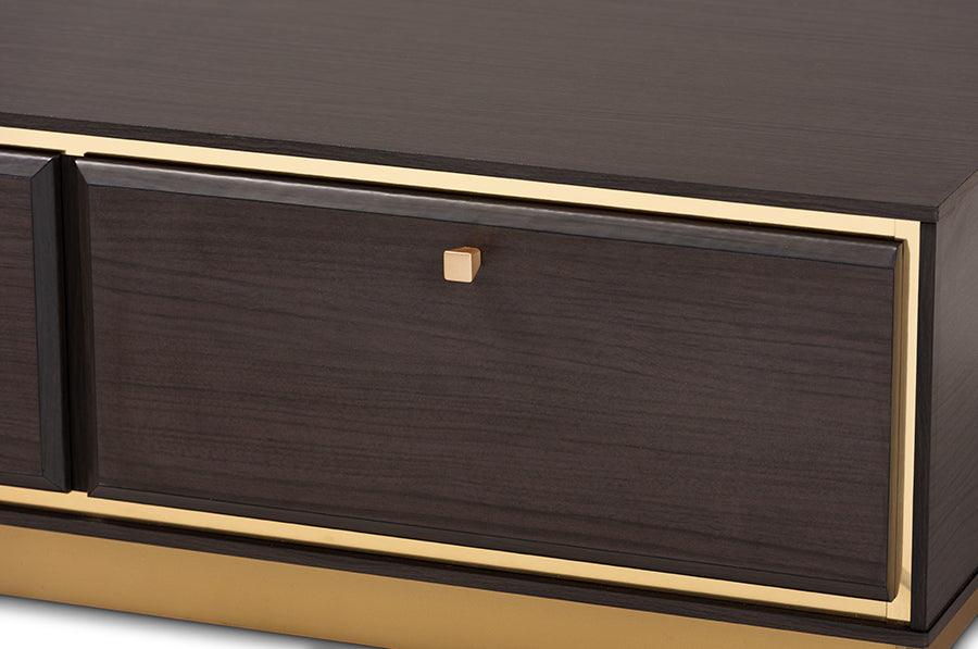 Wholesale Interiors Coffee Tables - Cormac Mid-Century Modern Dark Brown Wood and Gold Metal 2-Drawer Coffee Table