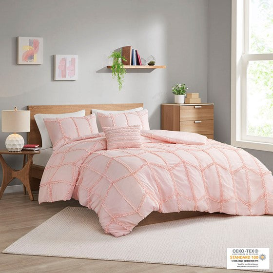 Ruffle Duvet Cover Set Pink Full/Queen