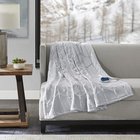 Olliix.com Heated Blankets - Heated Metallic Print Throw Grey