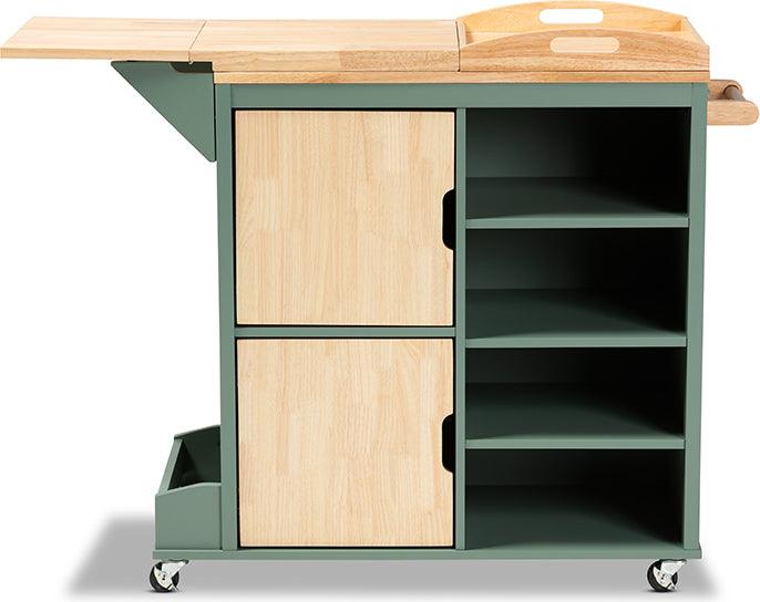 Wholesale Interiors Bar Units & Wine Cabinets - Dorthy Two-tone Dark Green & Natural Wood Kitchen Storage Cart