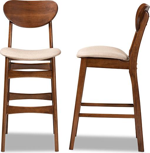 Wholesale Interiors Barstools - Katya Mid-Century Modern Sand Fabric and Brown Finished Wood 2-Piece Bar Stool Set