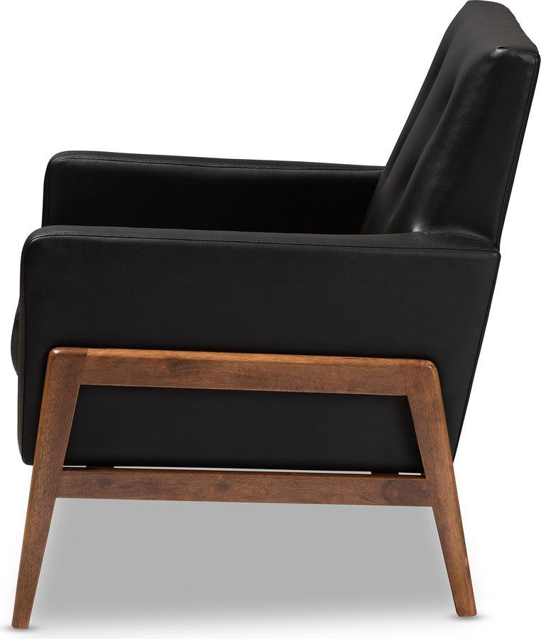 Wholesale Interiors Accent Chairs - Perris Mid-Century Modern Black Faux Leather Upholstered Walnut Wood Lounge Chair