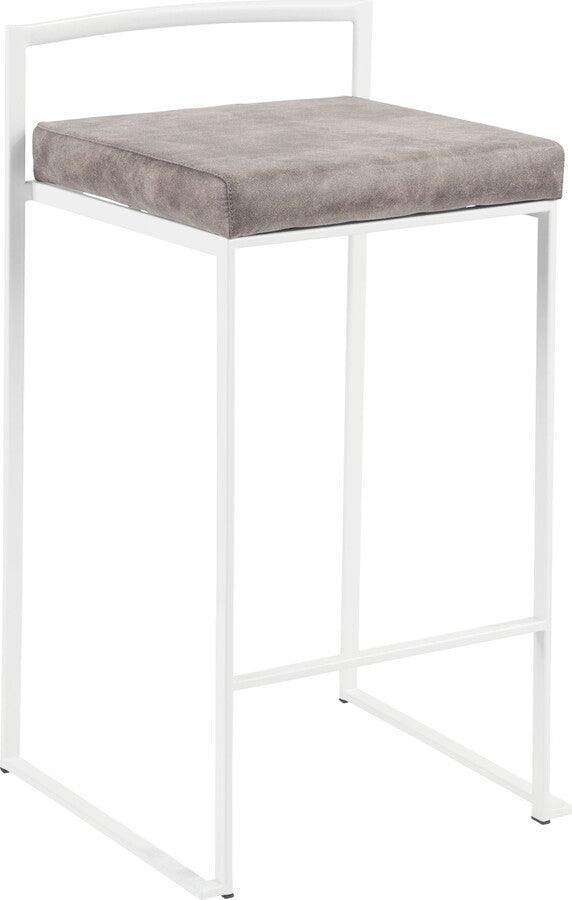 Lumisource Barstools - Fuji Contemporary Stackable Counter Stool in White with Stone Cowboy Fabric Cushion - Set of 2