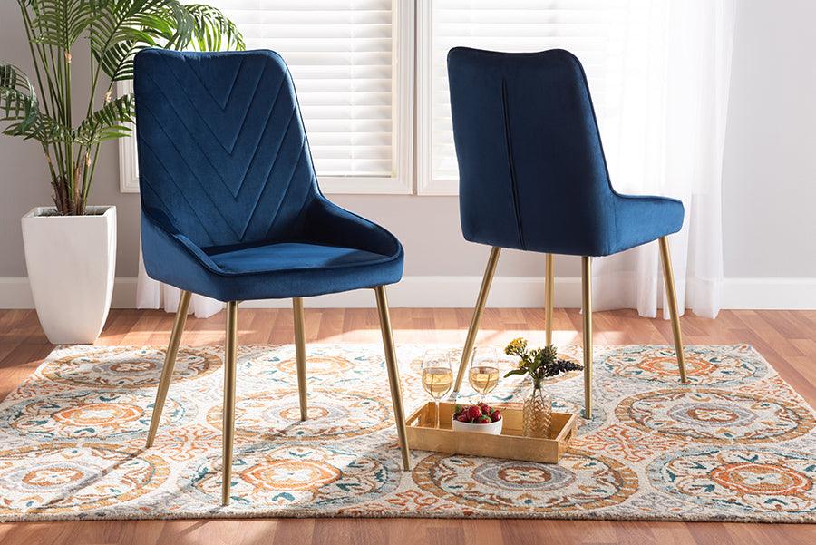 Wholesale Interiors Dining Chairs - Priscilla Navy Blue Velvet Fabric Upholstered and Gold Finished Metal 2-Piece Dining Chair Set