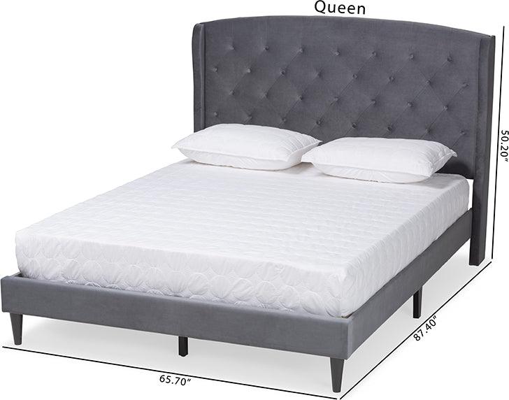 Wholesale Interiors Beds - Joanna Grey Velvet Fabric Upholstered and Dark Brown Finished Wood King Size Platform Bed