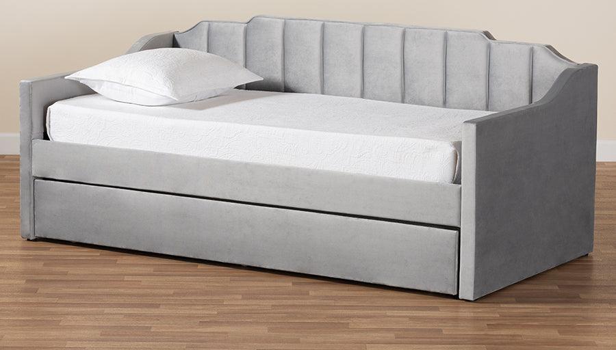 Wholesale Interiors Daybeds - Lennon Grey Velvet Fabric Upholstered Twin Size Daybed with Trundle