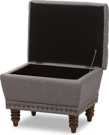 Wholesale Interiors Ottomans & Stools - Annabelle Light Grey Fabric Upholstered Walnut Wood Finished Button-Tufted Storage Ottoman