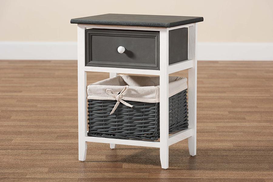 Wholesale Interiors Bedroom Organization - Shadell Transitional Two-Tone Grey and White Wood 1-Drawer Storage Unit with Basket