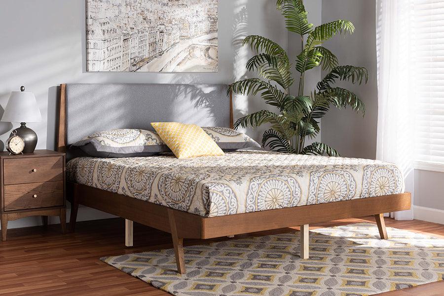Wholesale Interiors Beds - Senna Mid-Century Modern Grey Fabric and Walnut Brown Wood King Size Platform Bed