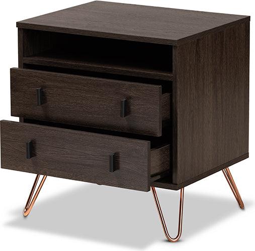 Wholesale Interiors Nightstands & Side Tables - Glover Dark Brown Finished Wood and Rose Gold-Tone Finished Metal 2-Drawer Nightstand
