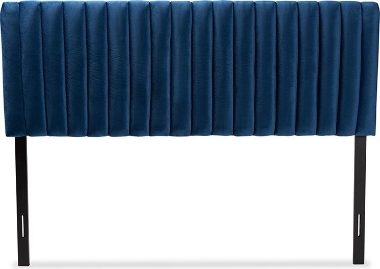 Wholesale Interiors Headboards - Emile Navy Blue Velvet Fabric Upholstered and Dark Brown Finished Wood King Size Headboard