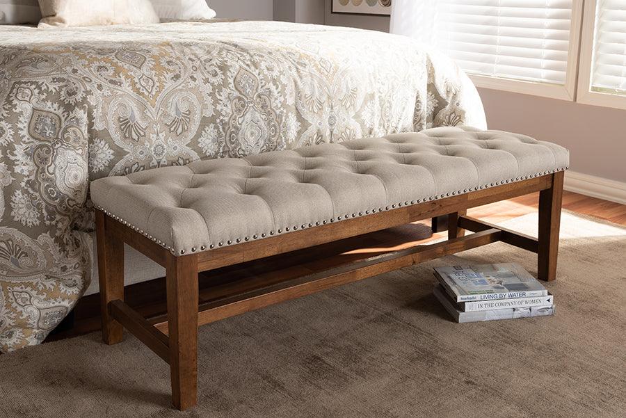Wholesale Interiors Benches - Ainsley Contemporary Beige Fabric Upholstered Walnut Finished Solid Rubberwood Bench