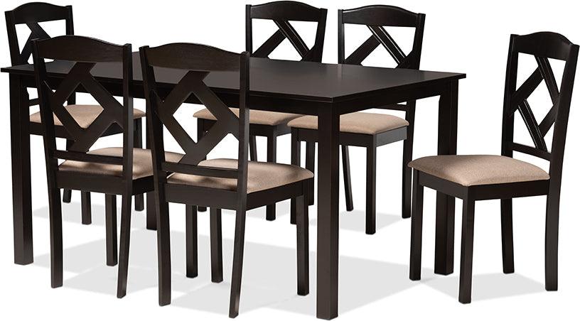 Wholesale Interiors Dining Sets - Ruth Sand Fabric Upholstered and Dark Brown Finished Wood 7-Piece Dining Set