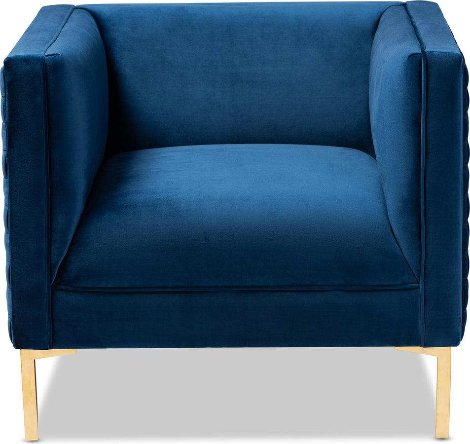Wholesale Interiors Accent Chairs - Seraphin Glam and Luxe Navy Blue Velvet Fabric Upholstered Gold Finished Armchair