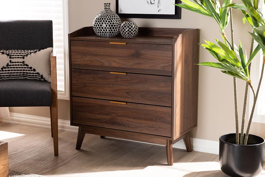 Wholesale Interiors Chest of Drawers - Lena Mid-Century Modern Walnut Brown Finished 3-Drawer Wood Chest