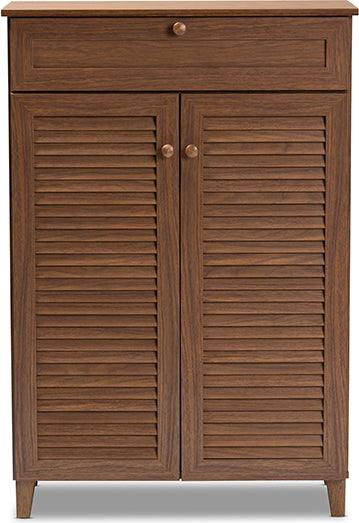 Wholesale Interiors Shoe Storage - Coolidge Modern And Contemporary Walnut Finished 5-Shelf Wood Shoe Storage Cabinet With Drawer