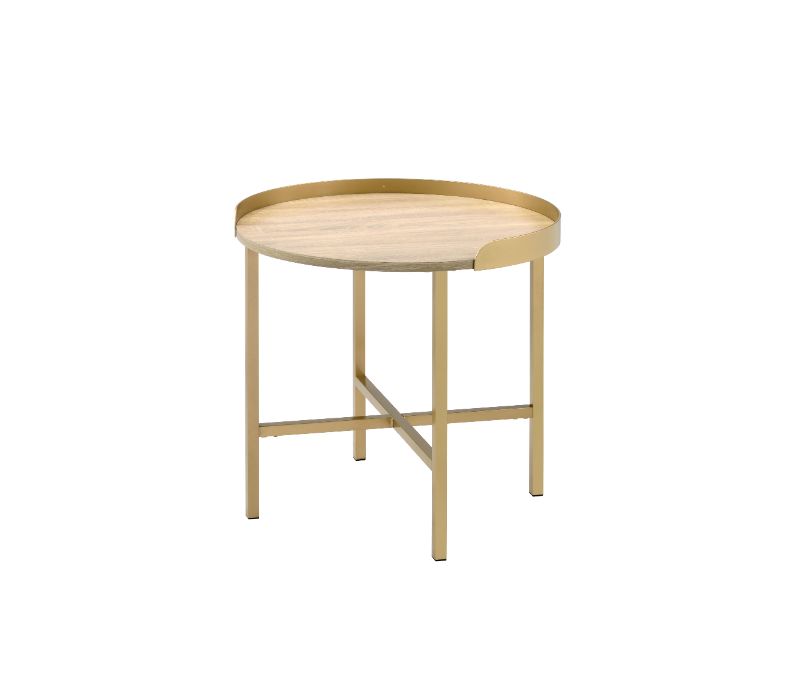 ACME Side & End Tables - ACME Mithea End Table, Oak Table Top & Gold Finish