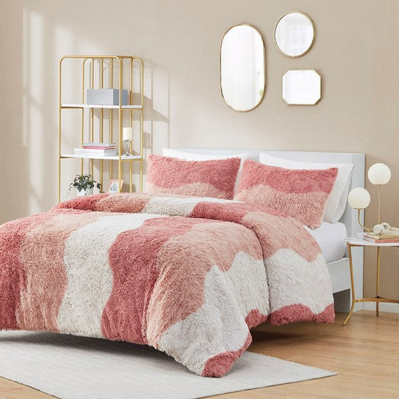 Olliix.com Comforters & Blankets - Ombre Shaggy Faux Fur Comforter Set Blush Multi Twin XL