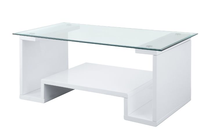 ACME Furniture Coffee Tables - ACME Nevaeh Coffee Table, Clear Glass & White High Gloss Finish