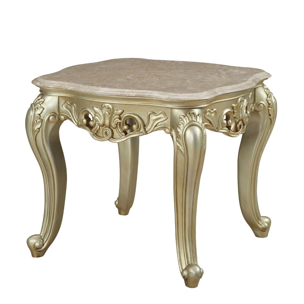 ACME Side & End Tables - ACME Gorsedd End Table w/Marble Top, Marble & Golden Ivory Finish