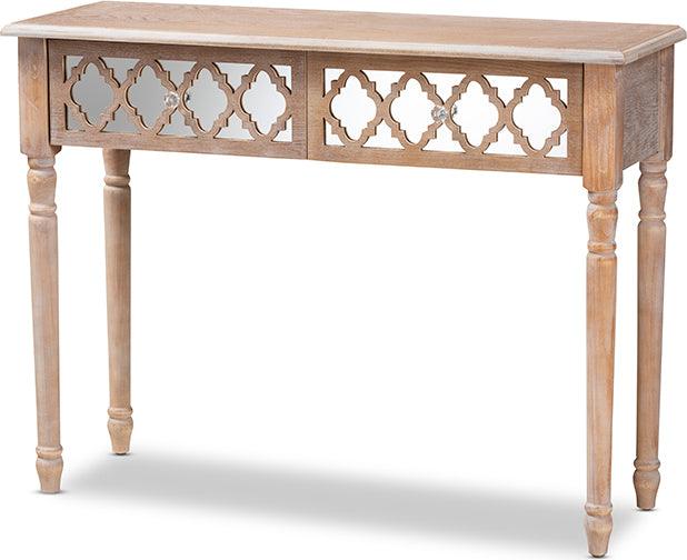 Wholesale Interiors Consoles - Celia Rustic French Country White-Washed Wood and Mirror 2-Drawer Quatrefoil Console Table