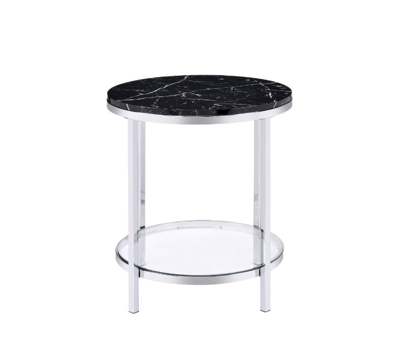 ACME Furniture Coffee Tables - ACME Virlana End Table, Faux Black Marble & Chrome Finish