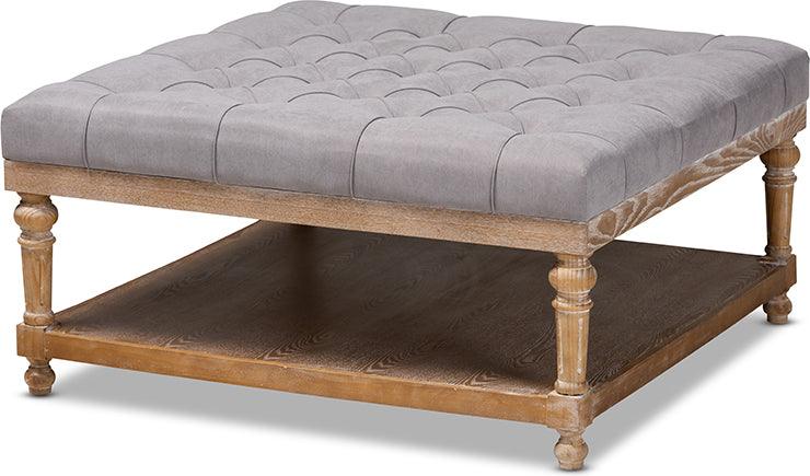 Wholesale Interiors Ottomans & Stools - Kelly Modern and Rustic Grey Linen Fabric and Greywashed Wood Cocktail Ottoman