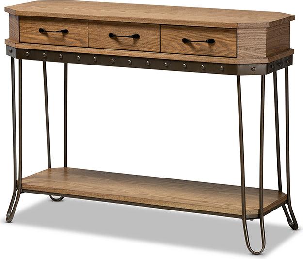 Wholesale Interiors Consoles - Kellyn Oak Brown Wood & Black Finished Metal 3-Drawer Console Table?