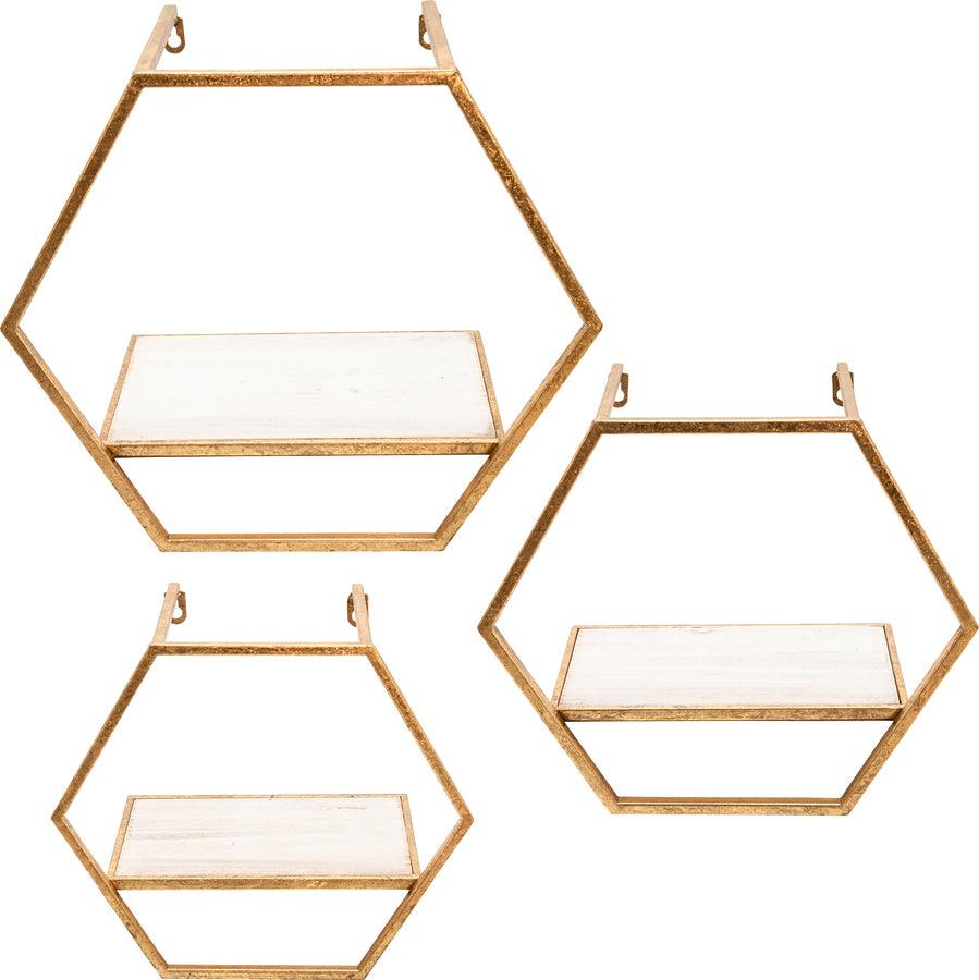 Sagebrook Home Wall Shelves & Ledges - S/3 Metal/Wood Hexagon Wall Shelves, Gold