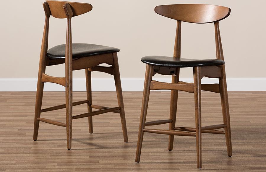Wholesale Interiors Barstools - Flora Mid-Century Modern Black Faux Leather Upholstered Walnut Finished Counter Stool