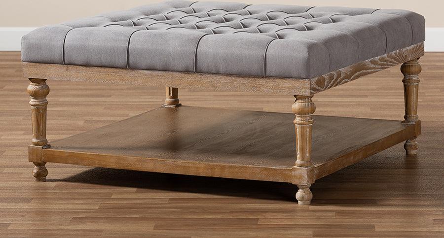 Wholesale Interiors Ottomans & Stools - Kelly Modern and Rustic Grey Linen Fabric and Greywashed Wood Cocktail Ottoman