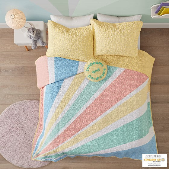 Olliix.com Coverlet - Rainbow Sunburst Reversible Cotton Quilt Set with Throw Pillow Yellow Twin