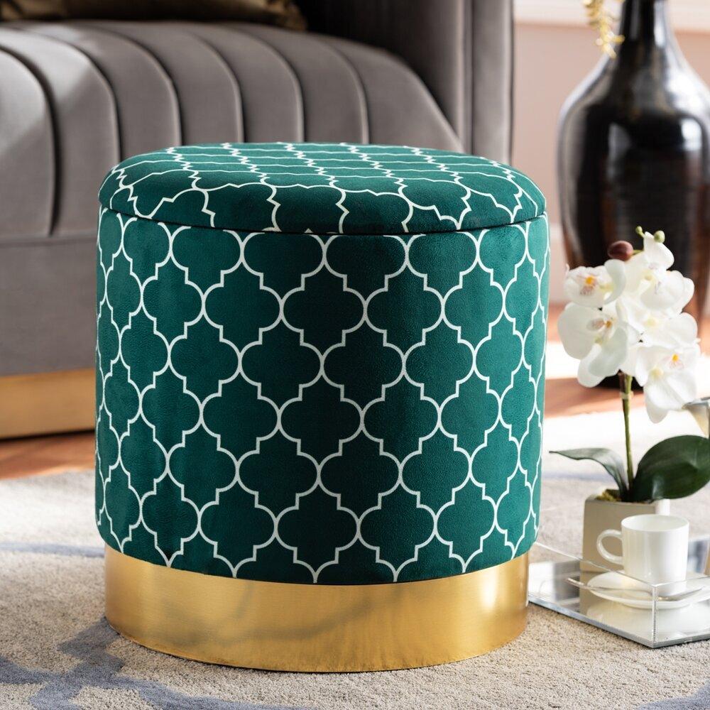 Wholesale Interiors Ottomans & Stools - Smirkie Upholstered Storage Ottoman Teal And Gold