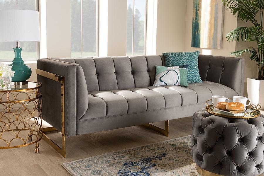 Wholesale Interiors Sofas & Couches - Ambra Glam and Luxe Grey Velvet and Button Tufted Sofa with Gold-Tone Frame