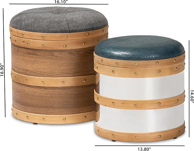 Wholesale Interiors Ottomans & Stools - Caleb Modern Grey Fabric and Blue Faux Leather Wood and Metal Storage Ottoman Set