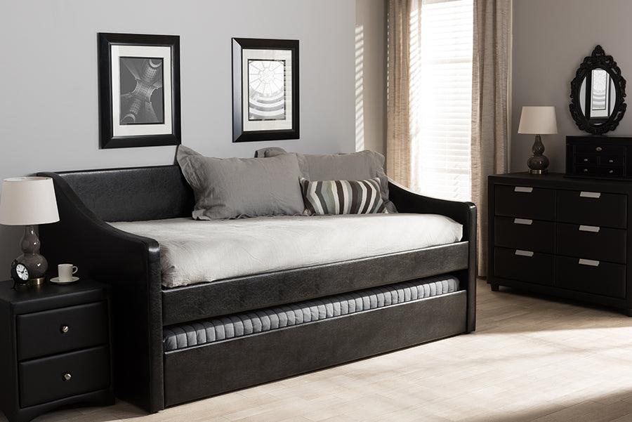 Wholesale Interiors Daybeds - Barnstorm Modern and Contemporary Black Faux Leather Upholstered Daybed with Guest Trundle Bed