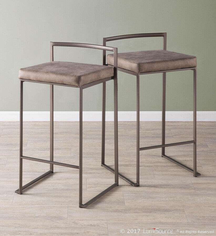 Lumisource Barstools - Fuji Industrial Stackable Counter Stool in Antique with Stone Cowboy Fabric Cushion - Set of 2