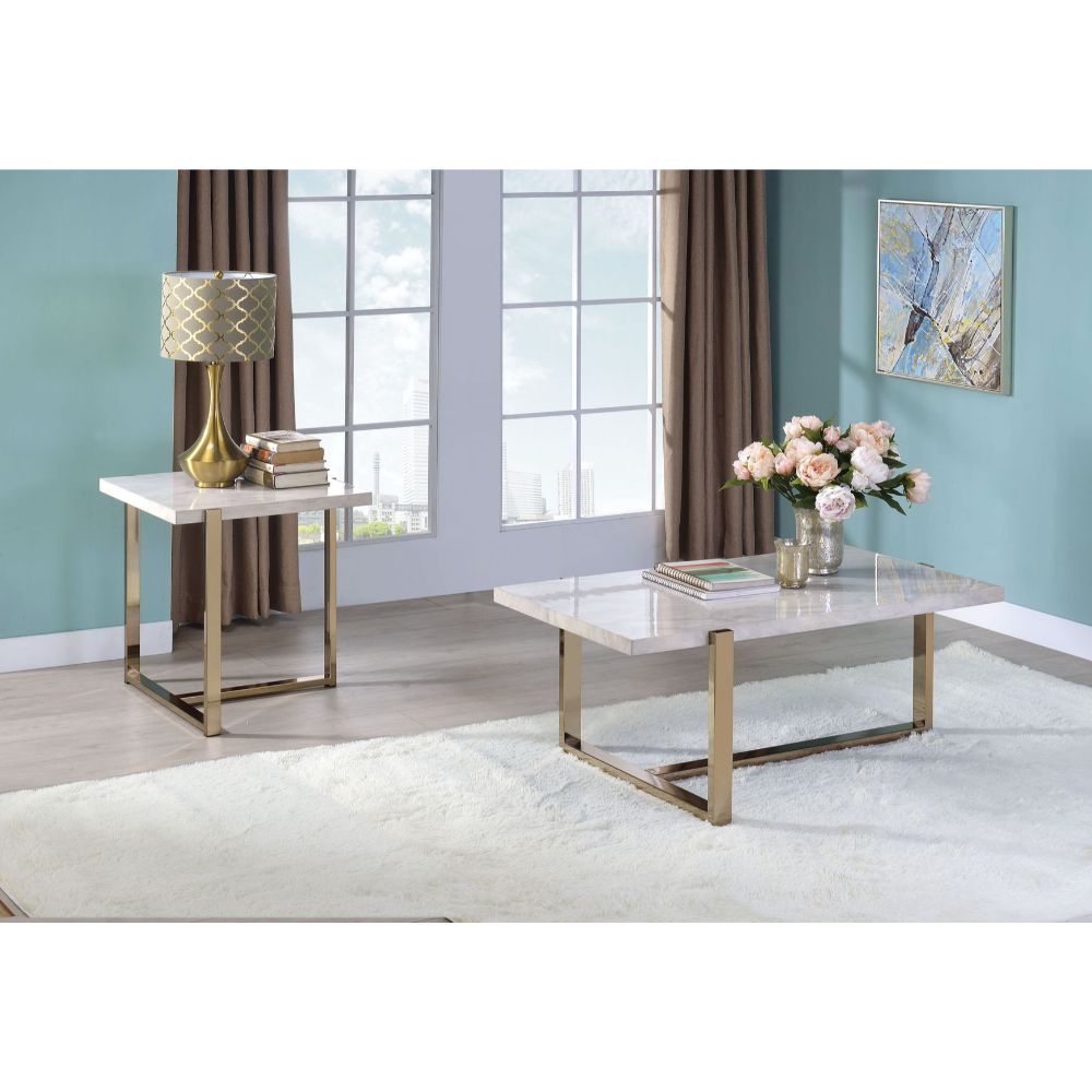 ACME Side & End Tables - ACME Feit End Table, Faux Marble & Champagne