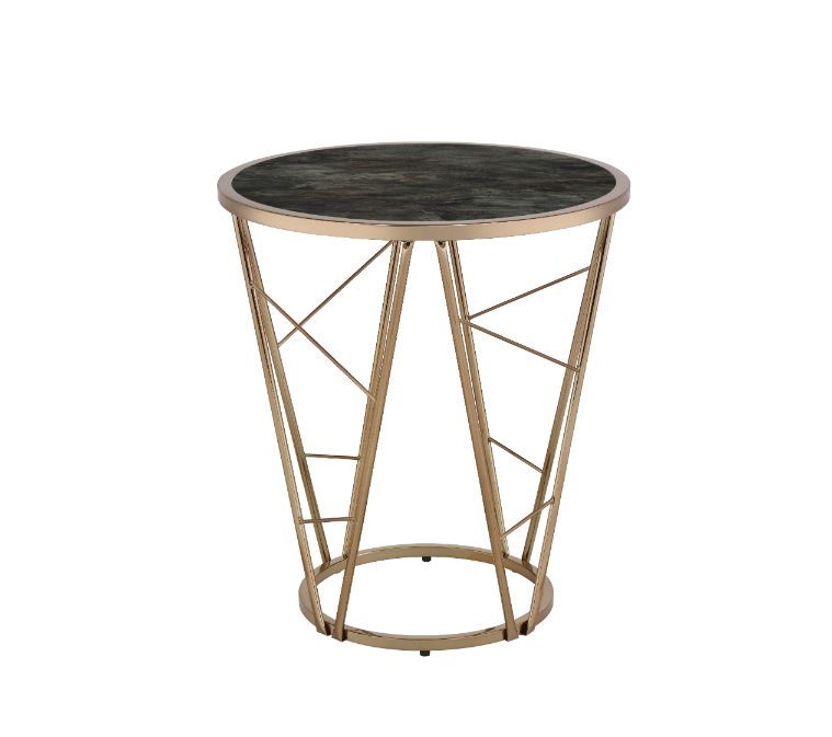 ACME Furniture Coffee Tables - ACME Cicatrix End Table, Faux Black Marble Glass & Champagne Finish
