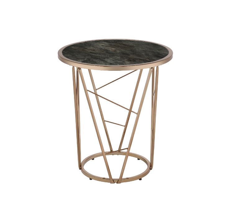 ACME Furniture Coffee Tables - ACME Cicatrix End Table, Faux Black Marble Glass & Champagne Finish