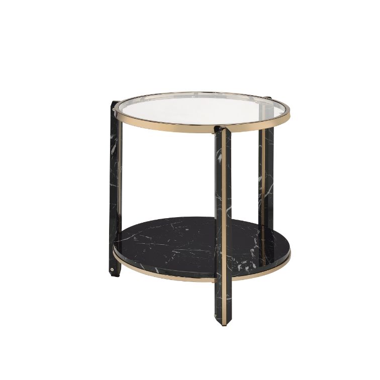 ACME Furniture Coffee Tables - ACME Thistle End Table, Clear Glass, Faux Black Marble & Champagne Finish